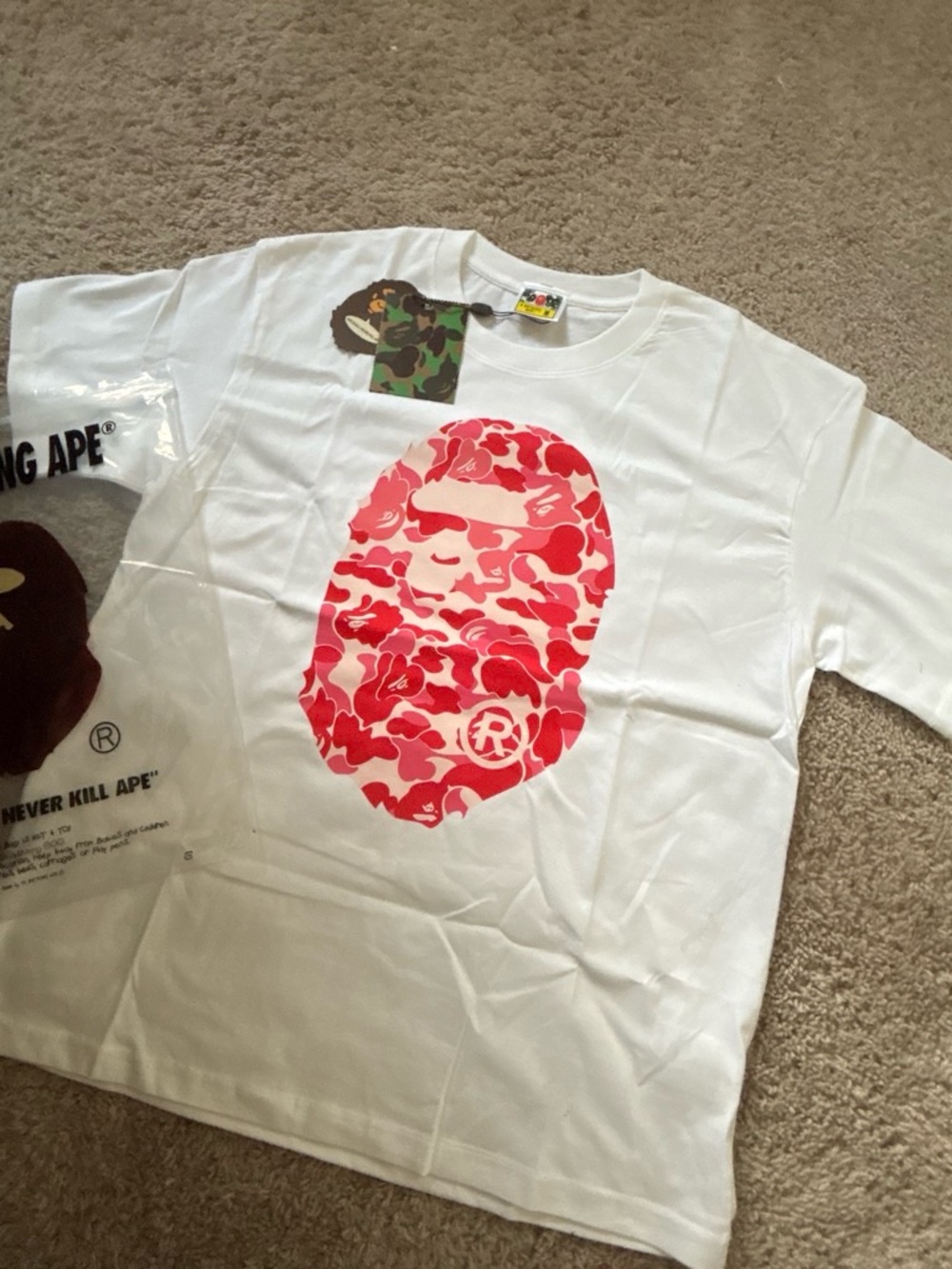 Bape White Tee with Pink Camo Ape Head Graphic